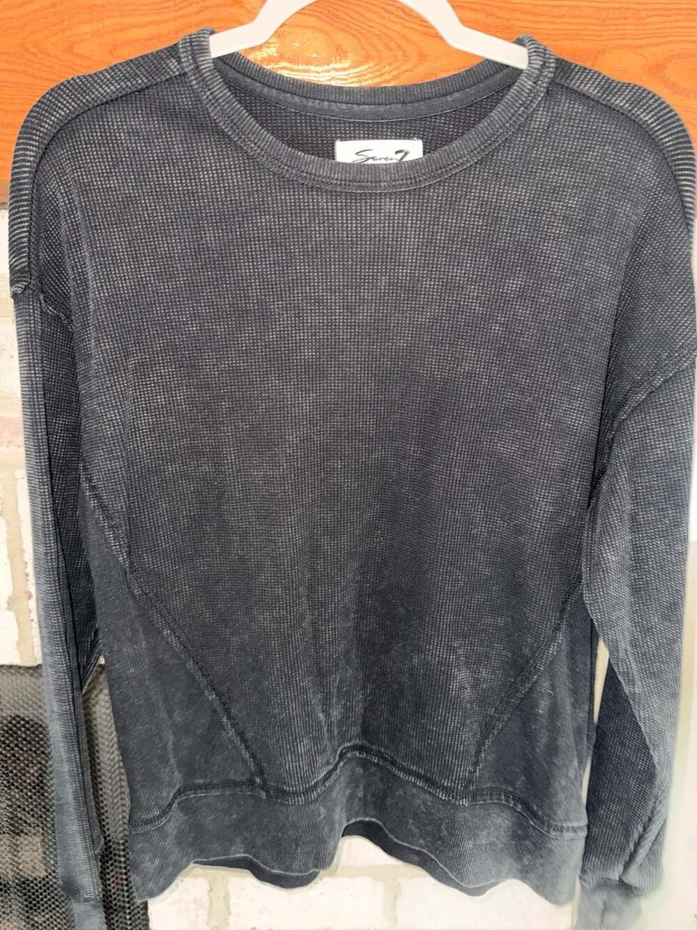 Seven7 Women's Long Sleeve Waffle Crewneck Top Washed Black